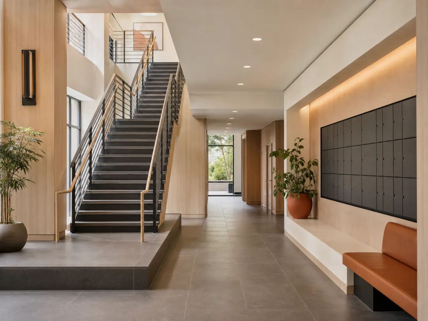 Clean mixed-use commercial building lobby and shared corridor