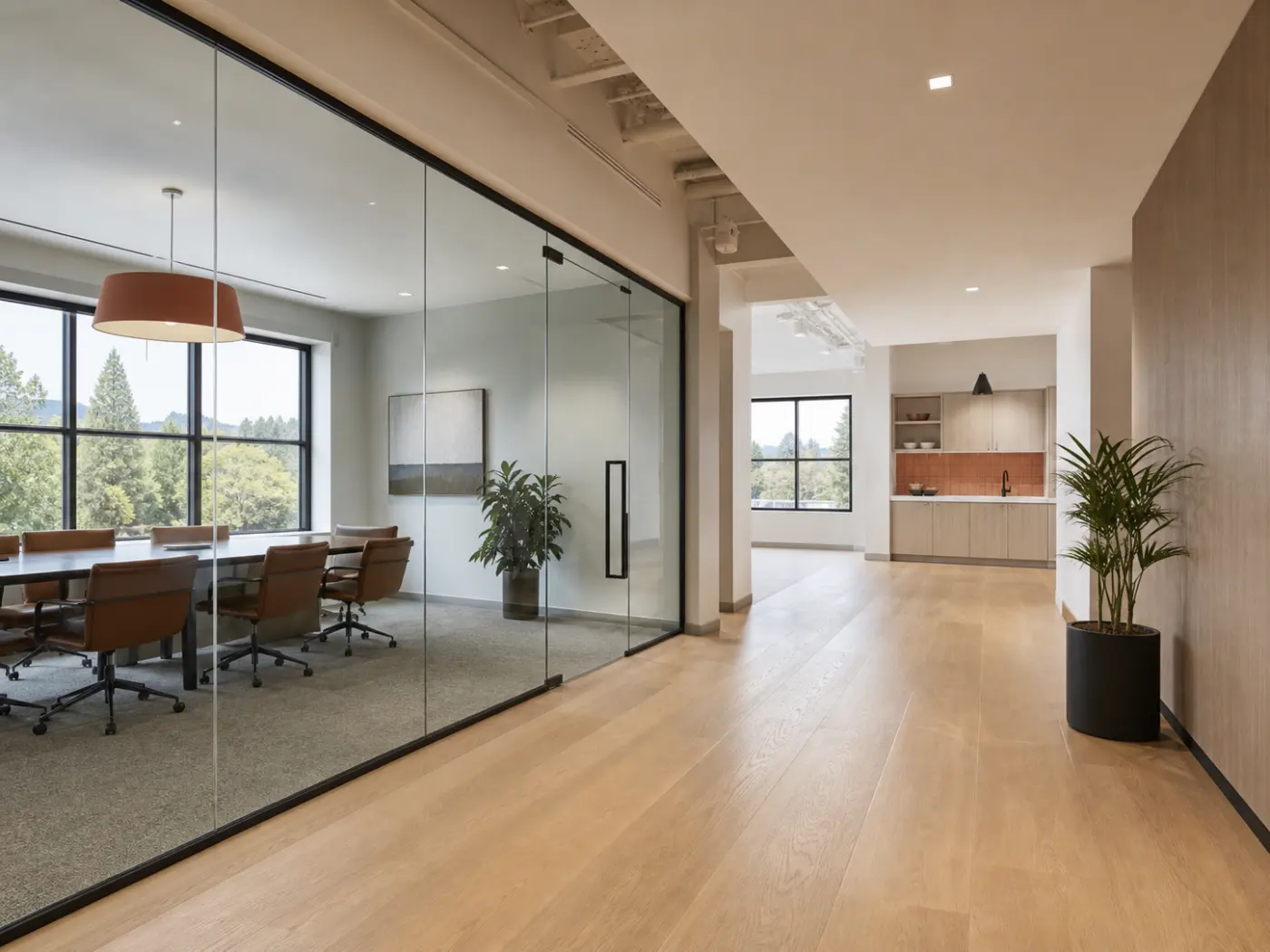 Clean professional office with glass meeting room